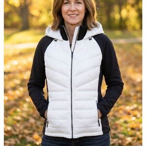 Calvin Klein Women’s Black and White Puffer Hooded Jacket Pre-loved Size L